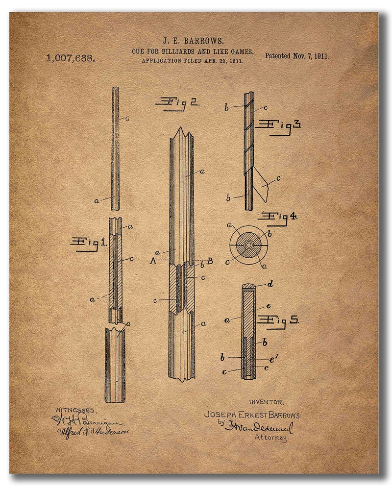 BigWig Prints Billiards Patent Wall Art - Vintage Pool Table and Cue Stick Blueprint Prints, Historical Billiards Artwork, Rustic Game Room Decor, Pool Hall Wall Art - Unframed Set of 6 (8x10) - Image 3